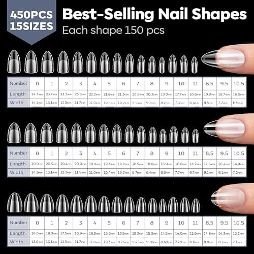 Modelones Medium & Short & Extra Short Almond Nail Tips - Multi-type 3 Styles Set Gel Tips Half Matte Full Cover Clear Acrylic Gel Kit Fake Nails for Extension DIY Salon 450Pcs 15Sizes thumbnail 5