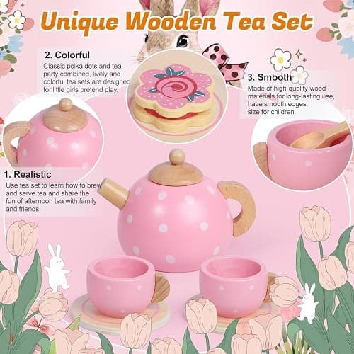 Wooden Tea Party Set for Little Girls, Toddler Girl Gifts Princess Tea Time Toys, Wooden Tea Set Tray Cake Dessert, Kids Kitchen Pretend Play, Birthday for Girls Age 2-5 Years Old thumbnail 5