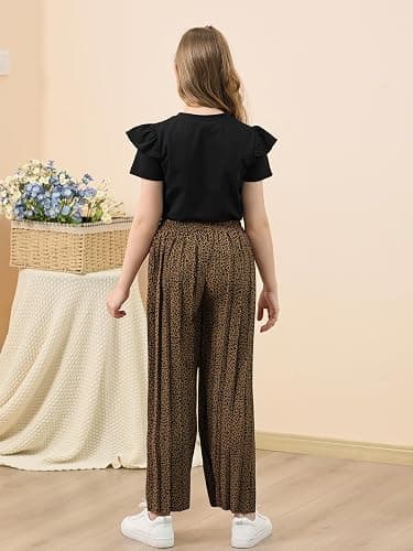 GORLYA Girls Clothing Sets Ruffle Trim Short Sleeve Tops Casual Printed Pleated Wide Leg Pants 2 PCS Outfit Suits 6-14Y thumbnail 2