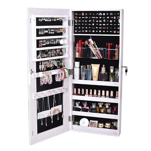 NALLBEIRRAA Mirror Jewelry Cabinet Armoire, Lockable Wall/Door Mounted Hanging Jewelry Cabinet Storage Organizer with Full Length Mirror, Larger Capacity, Dressing Mirror (White) … - Image 1