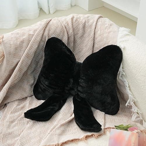 GKWW 2Pack Soft Furry Bow Throw Pillows Cute Bowknot Plush Pillow Home Decor Stuffed Bow Lumbar Pillow for Bed Couch Living Room Decor (Black&White) thumbnail 8