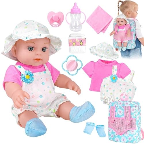 12" Girls Baby Doll Daisy Theme Backpack Carrier Playset,12 Inch Reborn Baby Dolls With Accessories And Clothes Set Toy Stuffs Pink Hanky Diaper Bottle Nipple And Gifts For Baby Toddler Age 3+ - Image 1