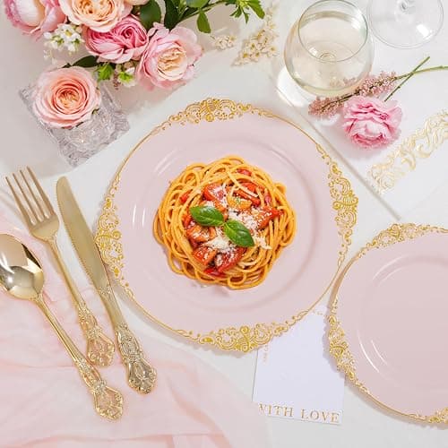 Ciaell 300PCS Pink and Gold Plastic Plates - Pink Disposable Dinnerware Sets for 50 Guests - 100 Plates, 50 Knives, 50 Forks, 50 Spoons, and 50 Napkins for Wedding, Anniversary & Party thumbnail 7