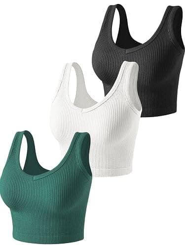 3 Pieces Womens Tank Tops Cute Sexy Going Out Ribbed Summer Tops Black White Crop Tops for Women - Medium - Black White Khaki thumbnail 2