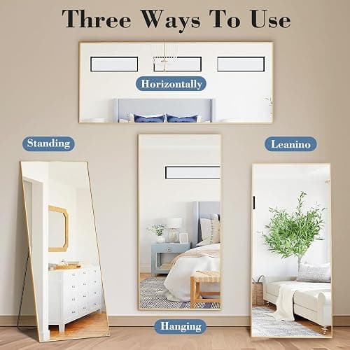 NEWBULIG Full Length Mirror, 56"x21" Full Body Standing Mirror, Gold|Tempered Glass, Hanging or Leaning, Aluminum Alloy Thin Frame Floor Standing for Bedroom, Cloakroom thumbnail 5