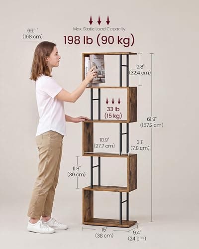 VASAGLE 6-Tier Bookshelf, S-Shaped Wood and Metal Bookcase, Tall Narrow Display Shelf, 15 x 9.4 x 61.9 in, for Living Room Storage, Rustic Brown and Matte Black, Barnet Collection ULLS172KD01 thumbnail 2