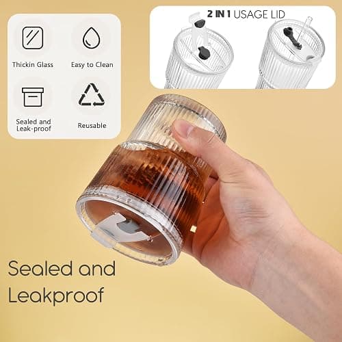 Haundry 14 oz Ribbed Glass cups with Lids and Straws, 2 Pack Iced Coffee Cups, Thickened Glassware Set, Ripple Design Glass Cups for Coffee, Soda, Smoothies, Cocktails and Juice thumbnail 6
