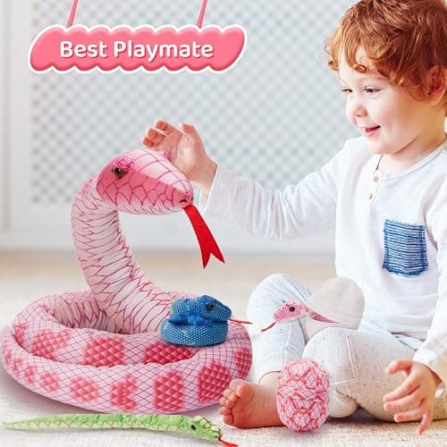 Tezituor Giant Stuffed Snake Plush Realistic Snake with 3 Babies&2 Eggs, 80 Inches Pink Snake Toy Birthday Valentines Gifts for Girls Kids thumbnail 2
