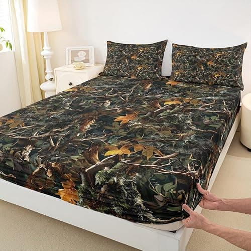Natural Bed Sheets 4 Pcs Full Size for Room Decor Forest Woods Deep Pocket,1 Fitted Sheet 1 Flat Sheet 2 Pillowcases,Nature Camo Tree Leaves Bedding Set,Green thumbnail 4