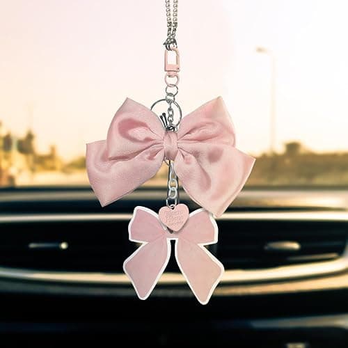 Pink Bow Rear View Mirror Hanging Ornament, Cute Car Accessories for Women & Girls, Car Interior Decor Charm,Rear View Mirror Decorations, Girly Auto Accessories Hanging car Charm thumbnail 3