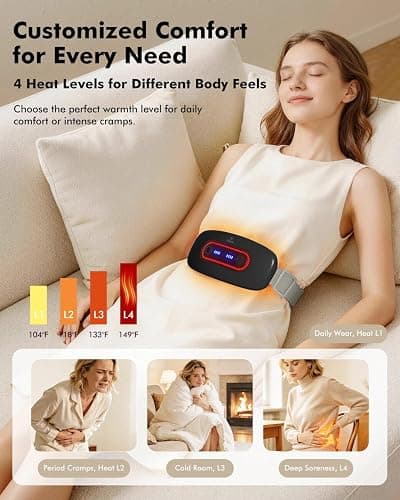 Portable Cordless Menstrual Heating Pad with 4 Heat Levels and 4 Massage Modes,Electric, Fast Large Heating Belly Wrap Belt (Black) thumbnail 4