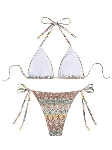 SHENHE Women's 2 Piece Swimsuit Floral Print Halter Tie Side Triangle Bikini Set thumbnail 3