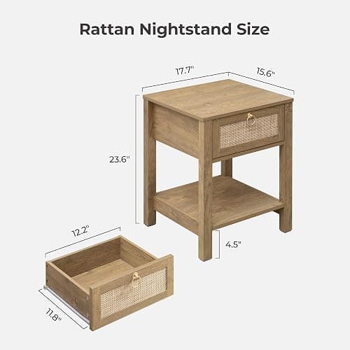 SICOTAS Rattan Nightstand Set of 2, Rattan Decor Drawer with Brass Knobs Night Stand Bedside Table Boho End Tables Side Tables with Storage Shelf for Bedroom,Small Space thumbnail 2