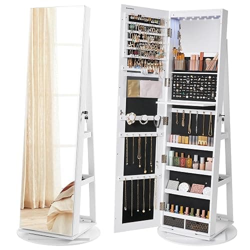 SONGMICS JJC007W01 Schmuckschrank mit Spiegel auf Füßen, abschließbar, mit 6 LEDs, Schmuckaufbewahrung, um 360° drehbar, rahmenlos, 3 Ablagen, weiße Oberfläche, schwarze Innenauskleidung - Image 1