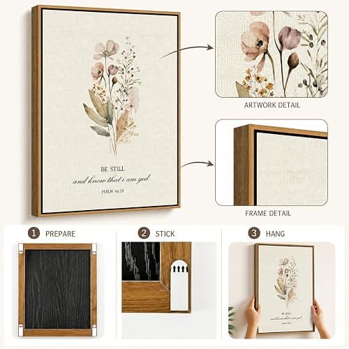 Be Still and Know That I am God - Psalm 46:10 Framed Canvas Wall Art, Watercolor Wildflower Bible Verse Print, Christian Religious Wall Decor for Bedroom Living Room, 8x10 Inch Natural Wood Frame thumbnail 4