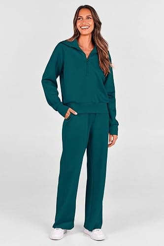 PRETTYGARDEN Women's 2 Piece Outfits Casual Lapel Half Zip Sweatshirts and Wide Leg Pants Tracksuit Sets thumbnail 8