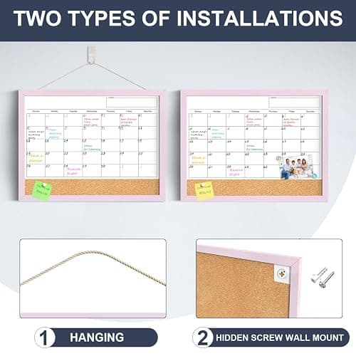 Dry Erase Calendar Cork Board Combo, 17x13 Inches Calendar Whiteboard for Wall, Small Magnetic White Board with Pink Wood Framed, Dry Erase Board for Planner Office Kitchen Home Memo thumbnail 4