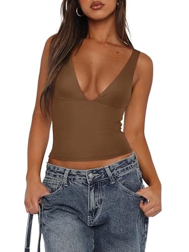REORIA Women's Sexy Plunge Deep V Neck Sleeveless V Backless Tank Top Workout Yoga Crop Tops thumbnail 4