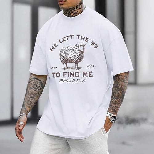 Weripoah He Left The 99 to Find Me Shirt Men Christian Graphic T-Shirts Jesus God Faith Shirts Religious Bible Verse Tees Top thumbnail 2