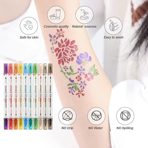 HAWINK Temporary Tattoo Markers for Skin, 10 Body Markers + 56 Large Tattoo Stencils, Dual-End Tattoo Pens Make Bold and Fine Lines ZYH2208001KIT thumbnail 7