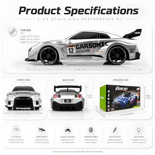 XGUICHEEN RC Drift Car, 1:24 Scale Remote Control Vehicle with LED Lights,Drifting Tires＆Two Batteries, Racing Sports Toy Idea Gift for Adults Boys Girls and Kids thumbnail 2