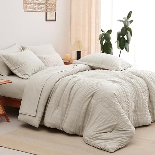 CozyLux Queen Comforter Set Beige Seersucker 7 Pieces Bed in a Bag Queen Comforter Set with Sheets, Luxury Soft Bedding Set with Down Alternative Comforter, Sheets, Pillowcases & Shams for All Seasons thumbnail 7