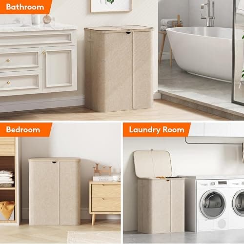Lifewit 185L Large 3 Section Laundry Hamper with Lid, Plastic Laundry Basket with Bamboo Handles and Removable Bags, Tall Foldable Clothes Hamper for Bathroom Bedroom, Beige thumbnail 9