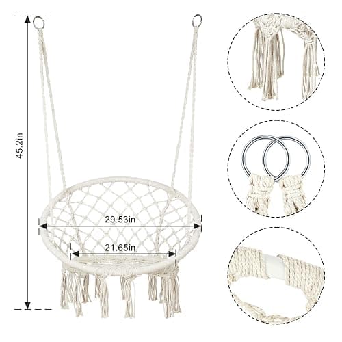 Macrame Hammock Chair Swing with Hardware Kits, Handmade Knitted Hanging Chair for Bedroom,Indoor,Outdoor, Balcony, Yard, Porch- 265 Pound Capacity -29.53" L x 29.53" W x 45.28" H thumbnail 3