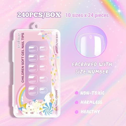 krofaue Short Kids Clear False Nails - 240Pcs Press on Nails for Little Girls Full Cover Children Fake Nails Fingernail Decoration 10 Sizes Soft Gel Nail Tips for Kids thumbnail 4