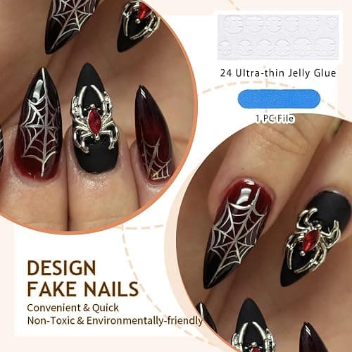 GlamRays 24 Stück Press on Nails Mittel Mandel Spinnen Charms Falscher Nagel Rot Gradient Falscher Nagel Mit Spinnennetz-Design Schwarz Matt Acryl Nagel Glänzend Kleb Nagel thumbnail 3