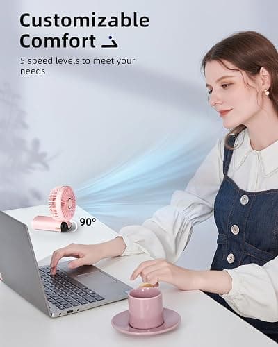 Koonie Handheld Fan, 5 Speeds, 8H Battery, 90° Tilt, Rechargeable, Pink | Digital display, 8-hour runtime, 90° adjustable tilt, battery operated, portable, for indoor & outdoor use thumbnail 3
