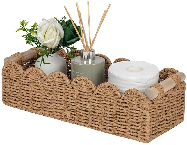 CubesLand Paper Rope Scalloped Edge Toilet Paper Storage Basket, Small Living Room, Bedroom Decor Baskets for Over Toilet Storage Shelf, End Table, Shelves and More, with 2 Wooden Handle, Neutral thumbnail 2