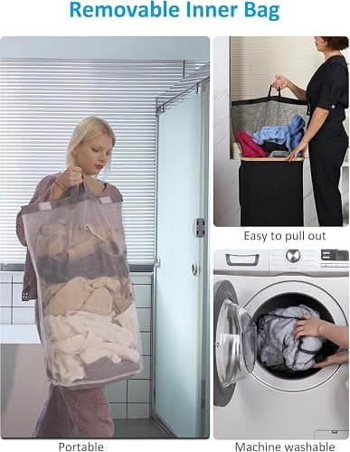 efluky Laundry Basket with Wheels, Tall Rolling Laundry Hamper with Lid and Removable Bag, Aesthetic Dirty Clothes Hamper on Wheels for Laundry Room, Bedroom, Dorm and Bathroom, 100L Beige - Beige - 100L thumbnail 6