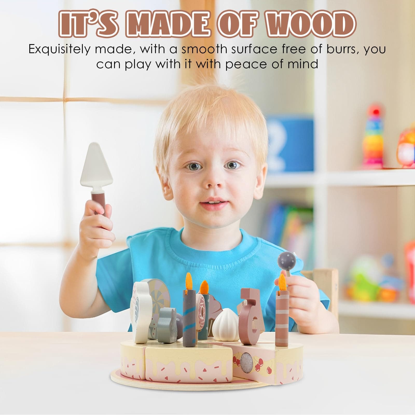 Wooden Birthday Cake Toy, Cutting Cake Play Toy Playset Safe Party Cake Pretend Toy Play Food Set with Candle and Numbers for Boys Girls Kids (Pink) thumbnail 4
