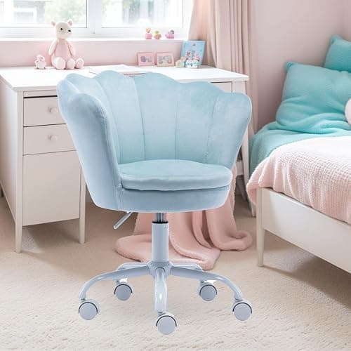 DAYALANE Kids Desk Chair with Wheels, Cute Petal Study Computer Chair with Arms for Teen Girls, Upholstered Velvet Swivel Kids Rolling Task Chair for Bedroom, Vanity, Blue thumbnail 7