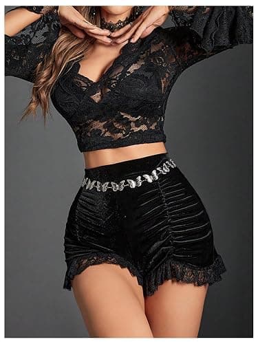 WDIRARA Women's Velvet Contrast Lace Ruched High Waist Gothic Shorts thumbnail 6