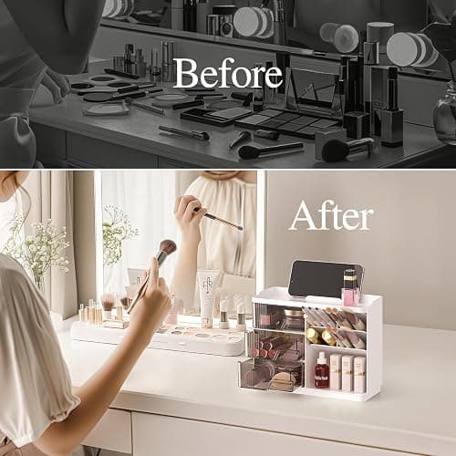 Delamu Makeup Organizer with Drawers, Multi-Function Vanity Organizer Countertop, Stackable Desk Organizer for Makeup Brush Lipstick Skincare Bathroom Vanity Organization and Storage, White - White thumbnail 4
