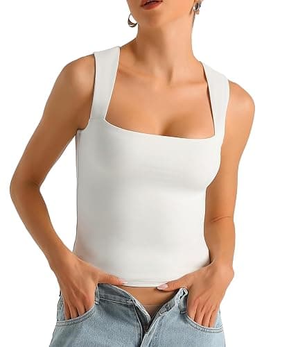 HOYAYO Women's Slim Fit Double-Layer Tank Top Square Neck Sleeveless Basic Fitted Tee Shirt - Image 1