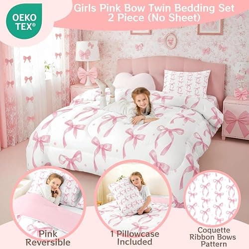 Erosebridal Cute Pink Bow Twin Bedding Set for Girls,Ribbon Bow Knot Comforter Set for Kids Kawaii Room Decor,Princess Bowknot Bed Set Girly Pink Bows Bedding Comforter Sets,1 Pillowcase thumbnail 2