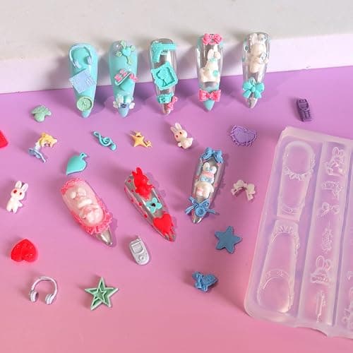 Laza 4pcs Y2K Silicone Nail Molds, Multiple Rabbit Shapes Nail Molds | Reusable Nail Molds for Nail Art, Good Elasticity, 3D Nail Mold, Rabbit,Caps,Scissors,Pistols with Scraper & Pen thumbnail 4