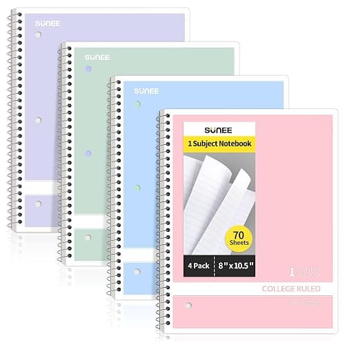 SUNEE Spiral Notebooks College Ruled, 1-Subject, 4 Pack, 8 x 10-1/2 in, 70 Sheets, 3-Hole Punched Paper, Pastel Pink, Purple, Blue, Green for School, Home & Office, Writing Journal - Image 1