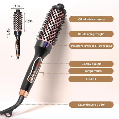 FELLAT Thermal Brush, Spazzola Termica Arricciante, Spazzola Rotonda Termica Elettrica Ionica Per Ricci Naturali, 5 Temperature Regolabile, Meno Danni, Fusto Da 38mm, Doppia Tensione thumbnail 8