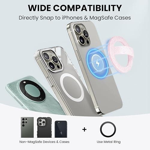 Magnetic Silicone Ring Grip Phone Holder, Loop Grip Phone Holder,Magnetic Phone Loop,Magsafe Phone Grip,Compatible with Magsafe for iPhone 16/15/14/13/12 Series (Pink Sparkle) thumbnail 4
