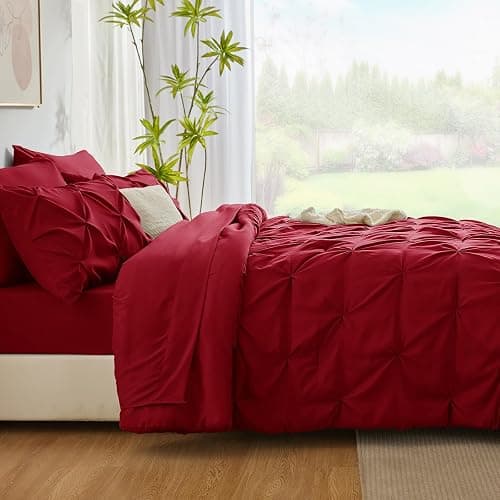 CozyLux King Size Comforter Set Dark Red, 7 Pieces Pintuck Bed in A Bag Red Comforter King Size, Pinch Pleat Bedding Set with All Season Comforter, Sheets, Pillowcases & Shams thumbnail 9