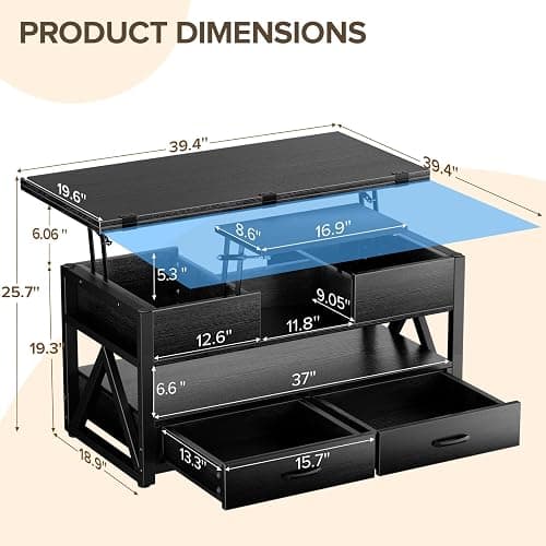 Memobarco 40" Lift Top Coffee Table,4 in 1 Multi-Function Lift Coffee Tables with Storage Drawers and Hidden Compartmen,Farmhouse Coffee Table with Lifting top for Living Room,Black thumbnail 2