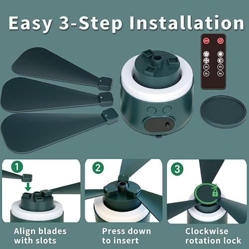 geonfi 11" Tent Fan with Light & Remote, Camping Ceiling Fan with 10040mAh Rechargeable Battery, Portable Hanging Fan for Tent, RV, Canopy, Outdoor Camping (Green, Centimeters, 28.9) thumbnail 8