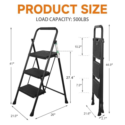 3 Step Ladder, Portable Steel Folding Stool with Wide Anti-Slip Pedal, 500lbs Sturdy Steel Ladder, Black thumbnail 3