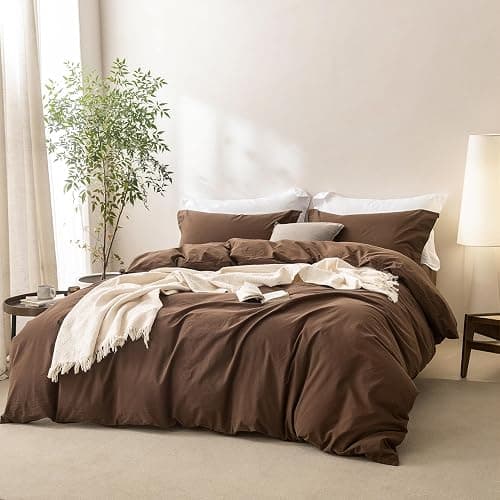 BDEAR Linen Feel Cocoa Brown Duvet Cover King Size 104'' W x 90'' L, Percale 100% Washed Cotton Duvet Cover with Zipper Closure Plus 2 Pillowcases, Oeko TEX Standard Certificated - Image 1