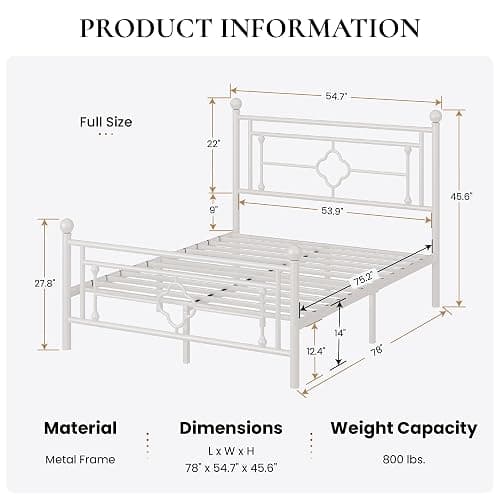 SHA CERLIN 14 Inches Full Size Metal Platform Bed Frame/Vintage Iron-Art Headboard and Footboard/Mattress Foundation for Storage/No Box Spring Needed/Noise-Free/Easy Assembly/White thumbnail 2