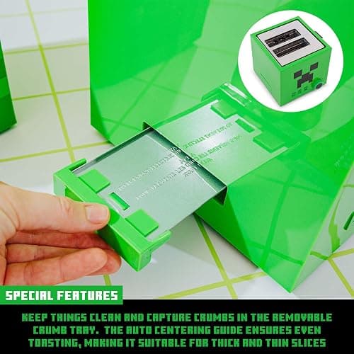 Minecraft Green Creeper 2-Slice Toaster For Bagels, Waffles, and Breads | Features 6 Settings With Defrost Option | Imprints Creeper Symbol On Bread thumbnail 7